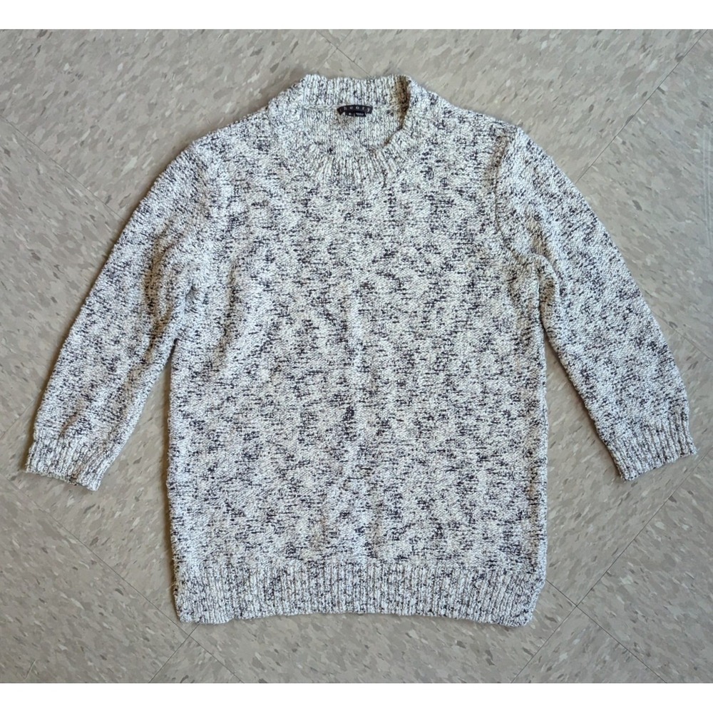Theory Womens Black White Marled Knit Crewneck Sweater 3/4 Sleeve Cotton Blend